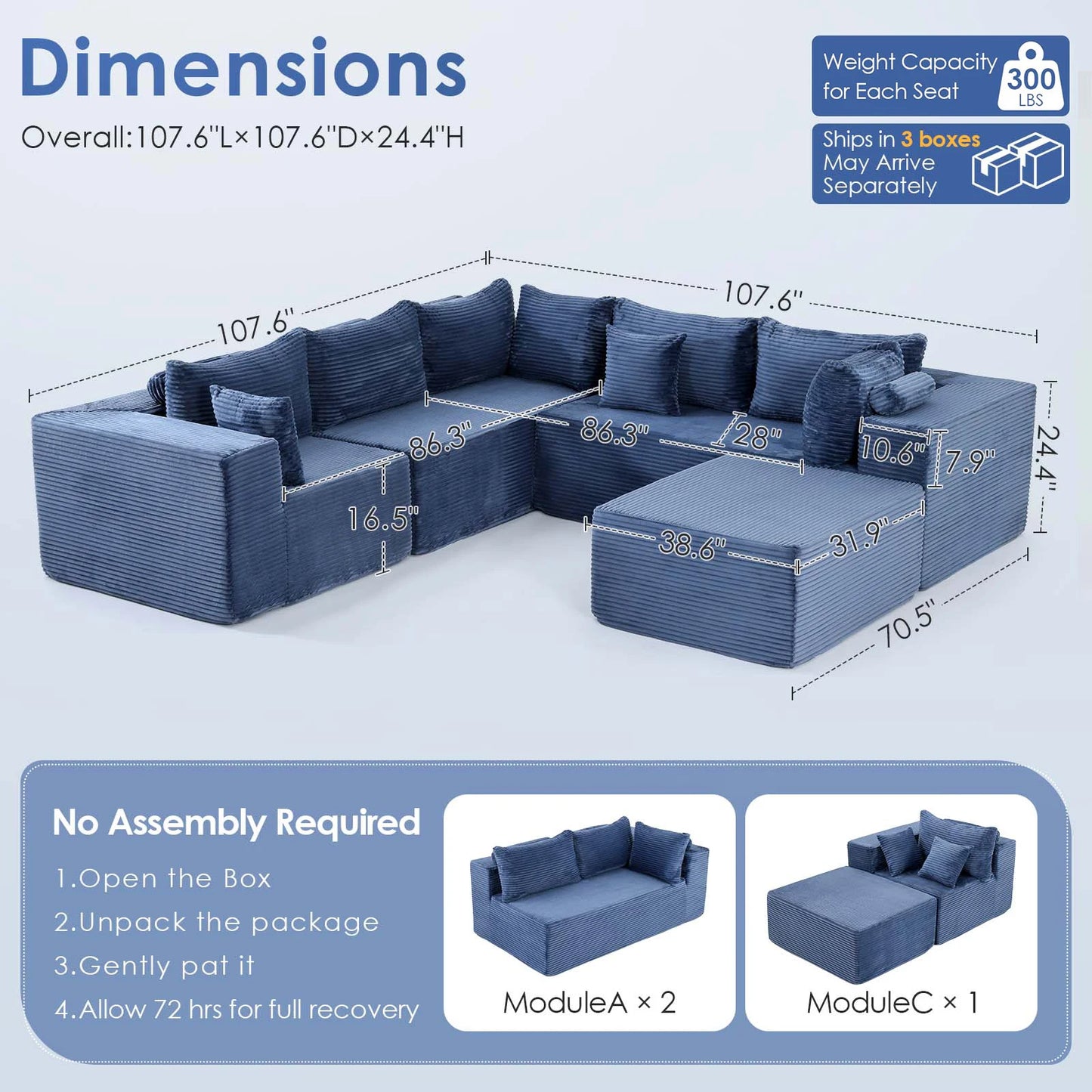 Redlife 107" Boneless Couch with Ottoman, 6 Seat Modular Sectional Sofa,Blue Corduroy Upholstery,28" Deep Seat,Removable Covers
