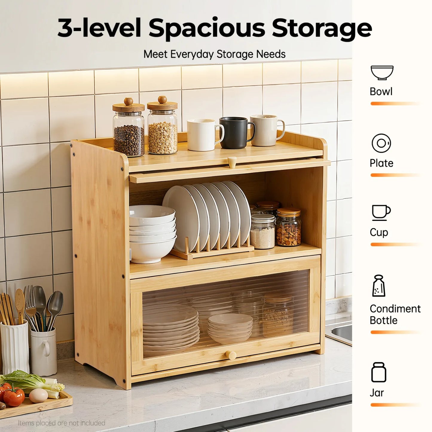 2-Tier Bamboo Storage Cabinet with Acrylic Doors,with Dustproof Design, Each Tier Bearing About 33.07lbs, for Kitchen, Bathroom, Office
