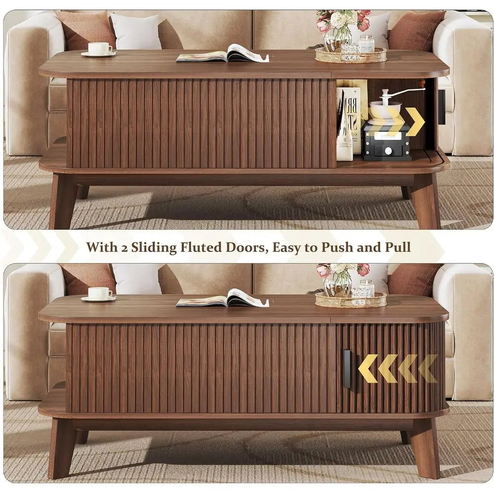 37.4 Large Walnut Coffee Table with Storage and Sliding Door for Living Room & Home Office