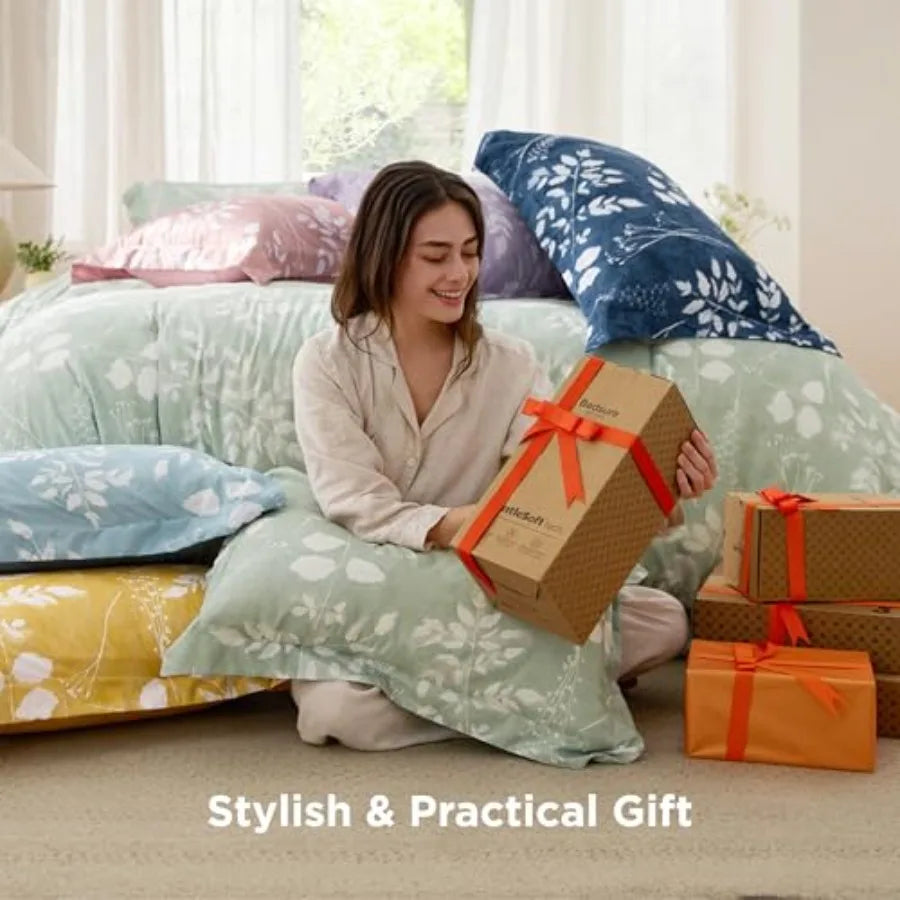 Comforter Set - 7 Pieces Floral Sage Green GentleSoft™ Bedding Sets, Bed in a Bag with Botanical Flowers Winter Comforter, Shee
