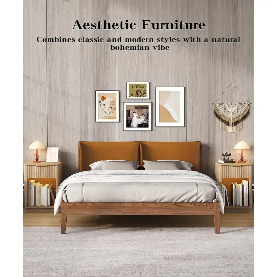 Nightstands Set of 2, Wooden Night Stand with Charging Station and LED Light, Modern Mid Century Bed Side End Table with Drawer