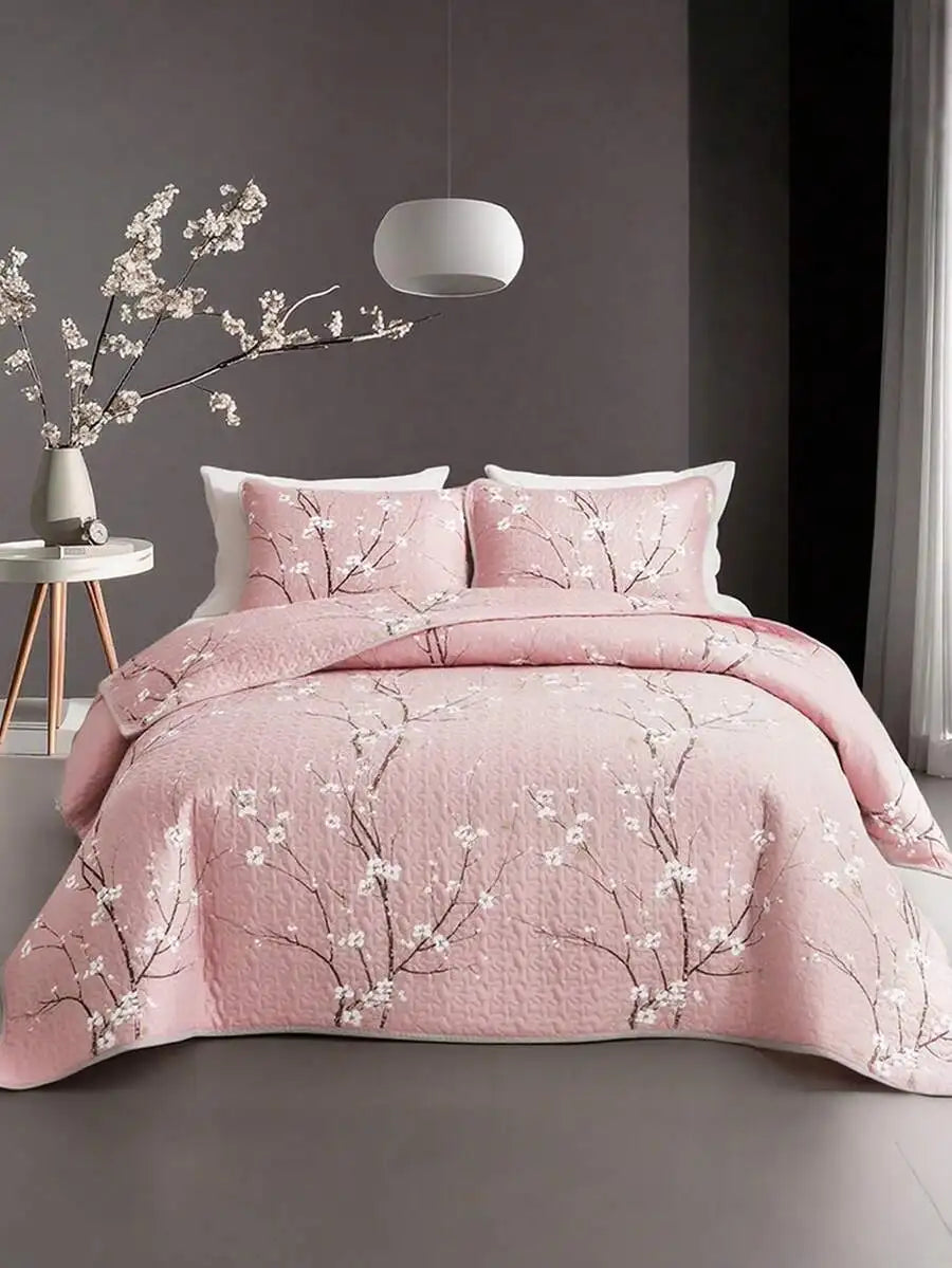 Quilted Plum Blossom Bedding Set 3PCS Soft Breathable Machine Washable Twin Queen King Size