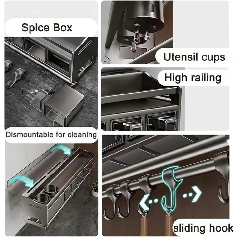 Metal Wall-Mounted Spice Rack with Utensil Holder and Paper Towel Storage for Kitchen Cupboards