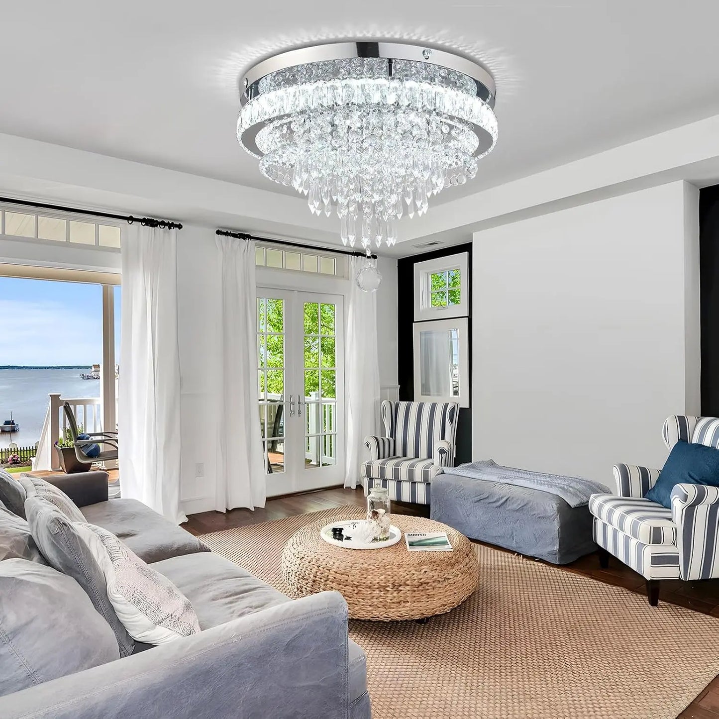 19.7" Crystal Chandeliers Crystal Ceiling Light Fixtures Modern Flush Mount Light LED Chandelier Lamp for Living Room Bedroom Dining Room 6500K Cool White