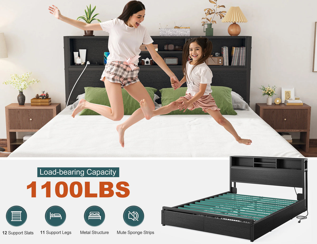 EnHomee Full/Queen/King Bed Frame with 6 Storage Drawers & Charging Station Metal Platform Bed Frame with Bookcase Headboard,No Noise