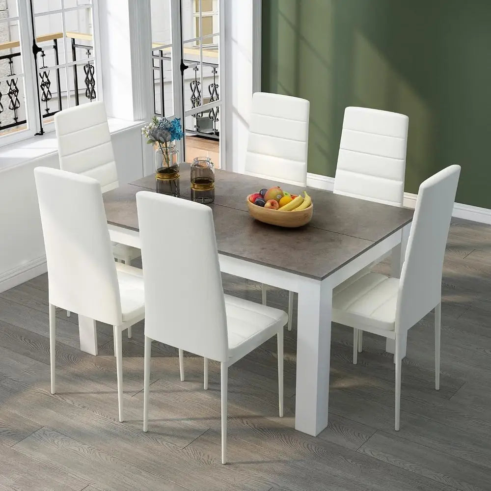 Dining Table and Chairs Set 6, 7 Pieces Kitchen Table Set with High Back aux Leather Chair or Dining Room Kitchen Recular ern (G
