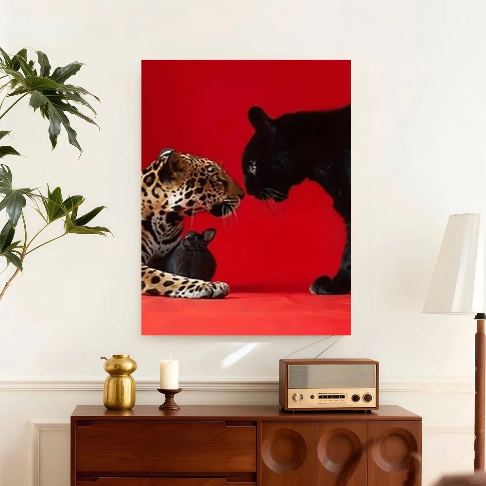 Framed 1pc Framed Leopard Print Canvas Wall Art - Modern Black & White Animal Portrait With Red Background, Perfect For Living R