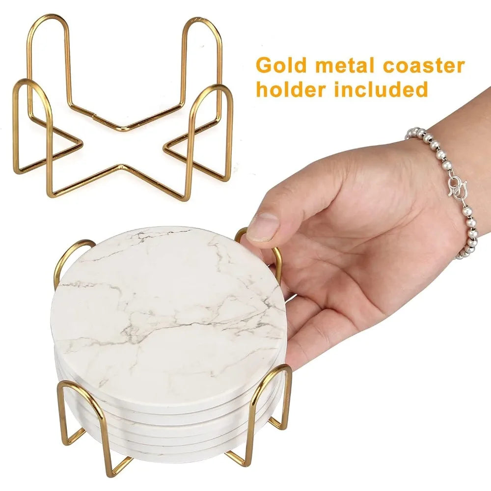 6 Pack White Marble Coaster Set with Gold Holder, Absorbent Ceramic Drink Coasters for Coffee Table, Bar, Home Decor