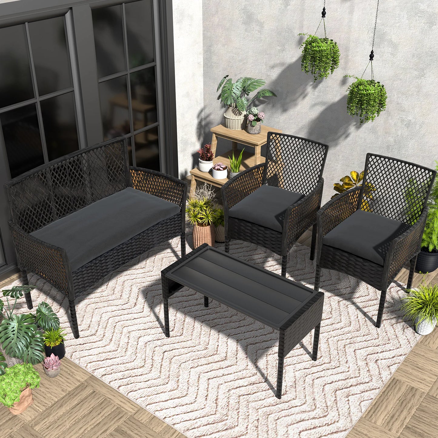 Outdoor Patio Furniture Set 4-Piece, Wicker Hollow-Out Conversation Sofa with Cushions & Coffee Table, All-Weather Patio Furniture for Backyard