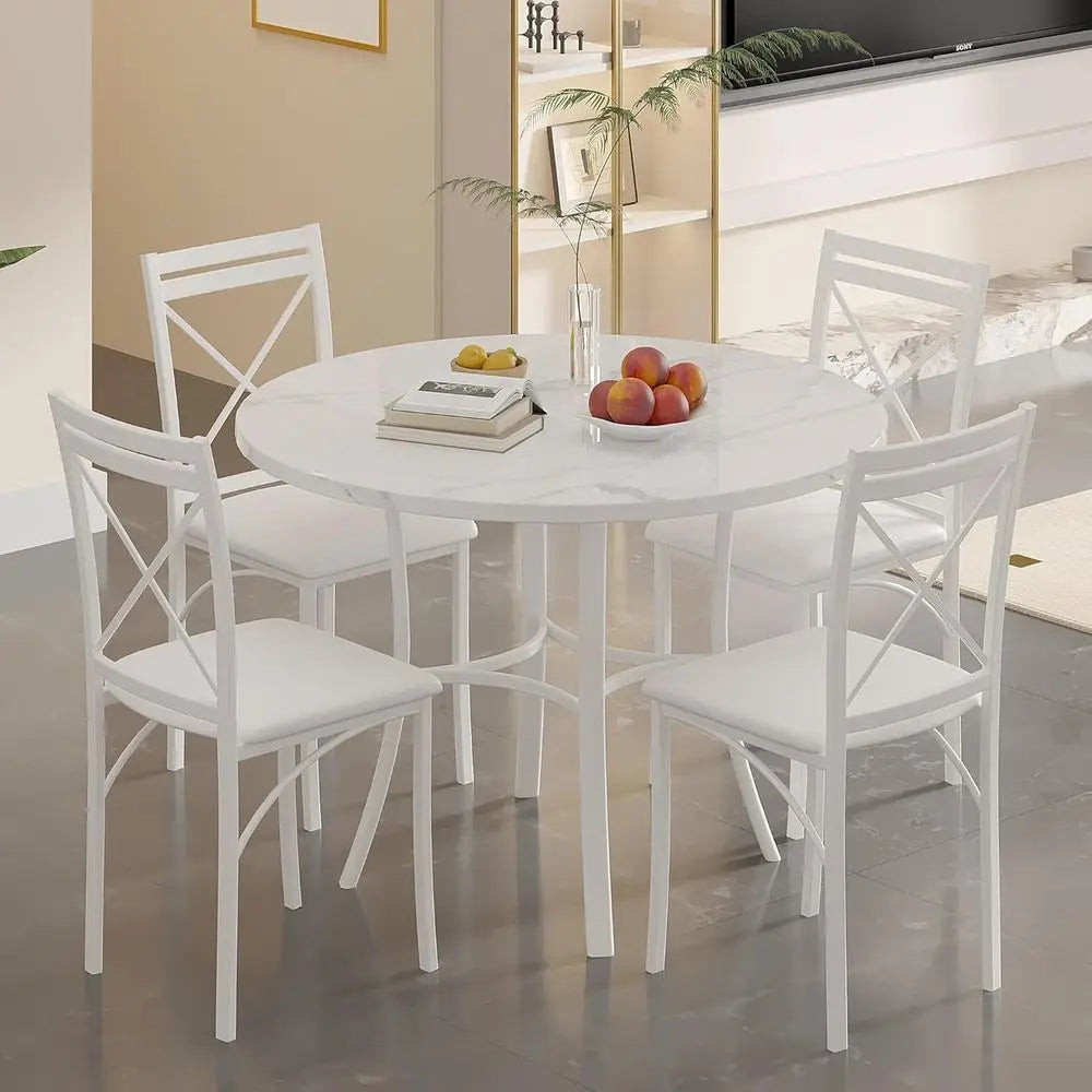 36" Round Dining Table or 4, aux Marble Dinette with Metal e or Kitchen, Aparent, Home, Space-Saving, O White