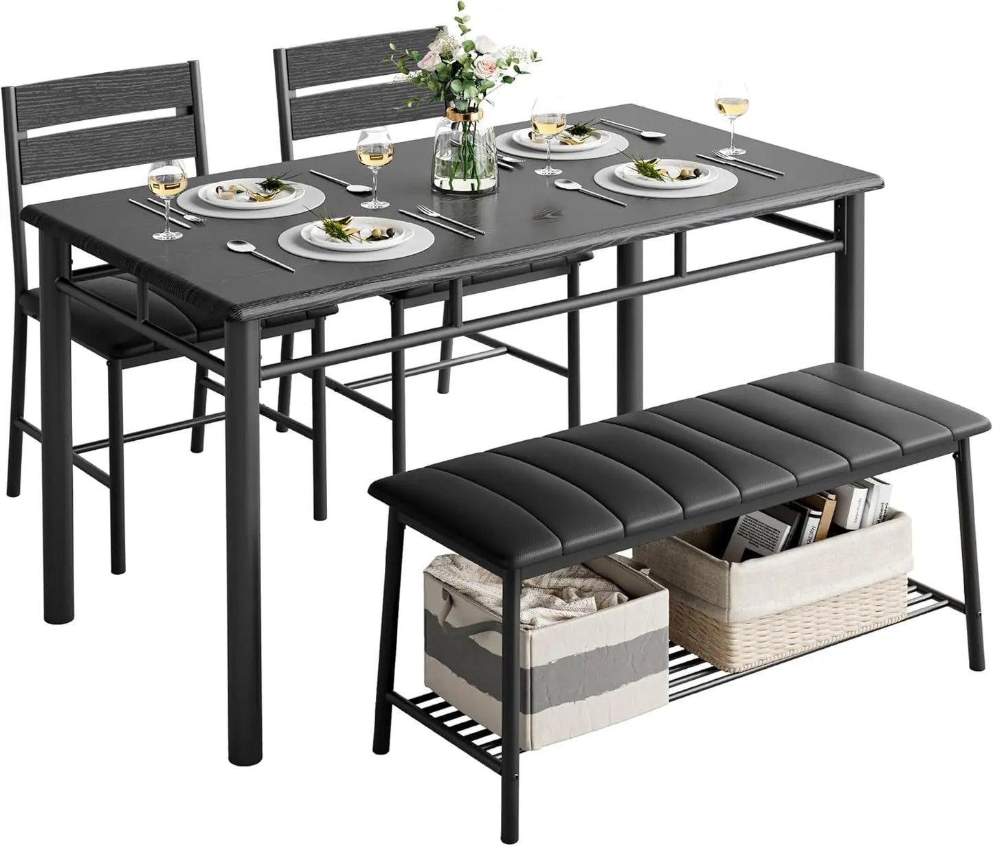 IRONCK Dining Table Set for 4, Kitchen Table with Upholstered Bench and 2 Chairs, Kitchen Table and Chairs Set for Small Space