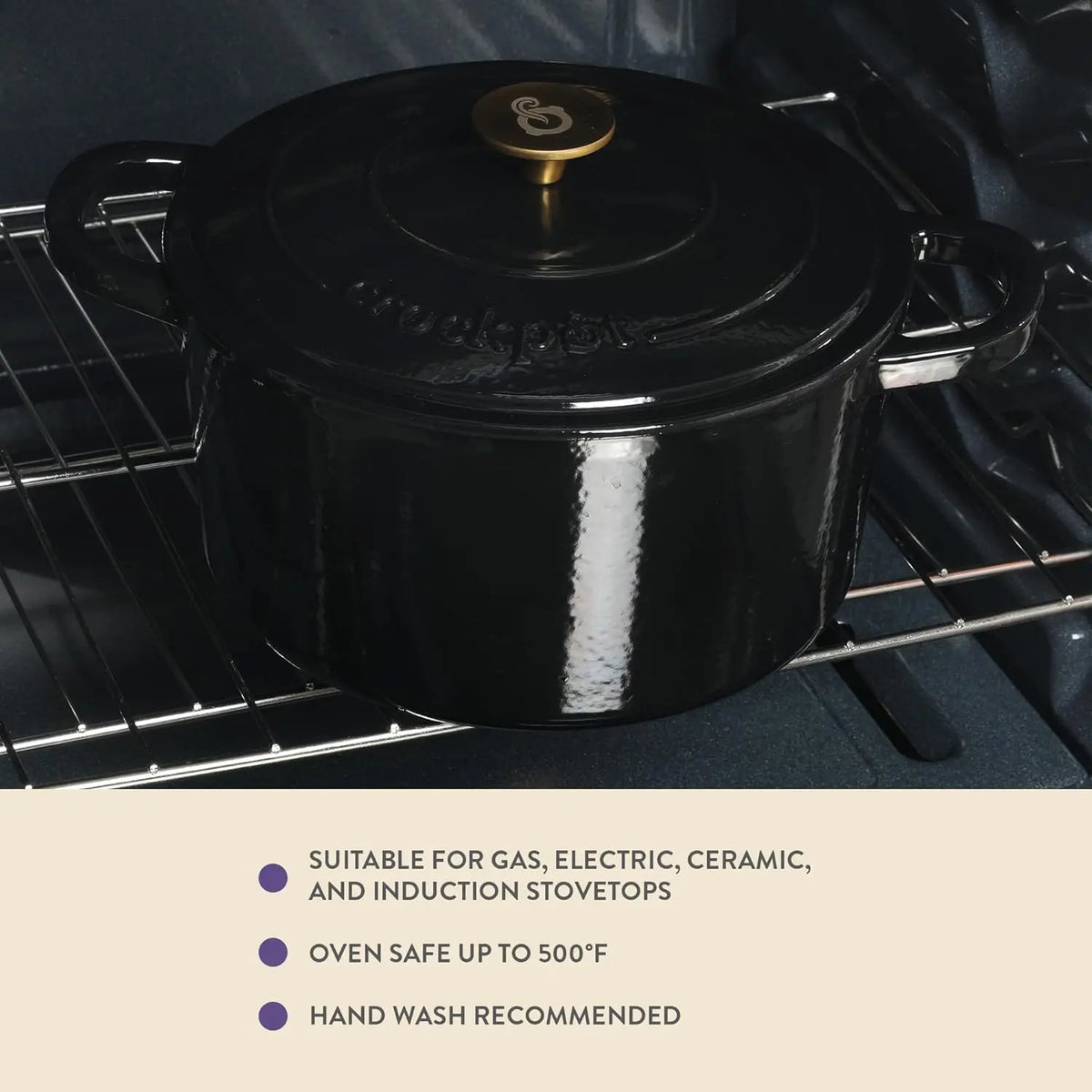 Crock Pot Artisan 7-Quart Round Cast Iron Dutch Oven with Lid – Black Enamel Finish, Gold Knob