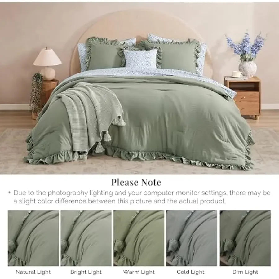 BLOOMHAVEN Queen Comforter Set - 7 Pieces Ruffle Sage Green Bedding Sets, Shabby Chic Farmhouse Bed in a Bag Queen with Ruffle C