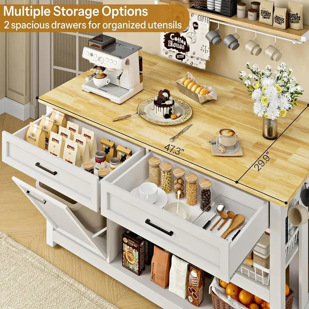 Kitchen Island with Storage and Seating Include 2 Bar Stools, 47" Solid Rubberwood Top Kitchen Island with Trash Can Storage, Po