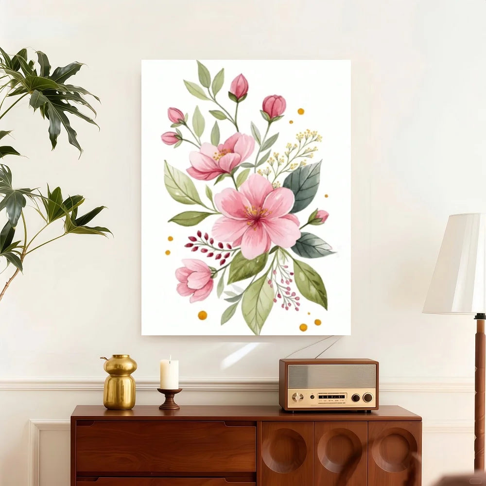 Framed 1pc Pink Plum Blossoms Canvas Wall Art - Animation Art Style Floral Print With Soft Pink & Green Hues, High-Quality Canva