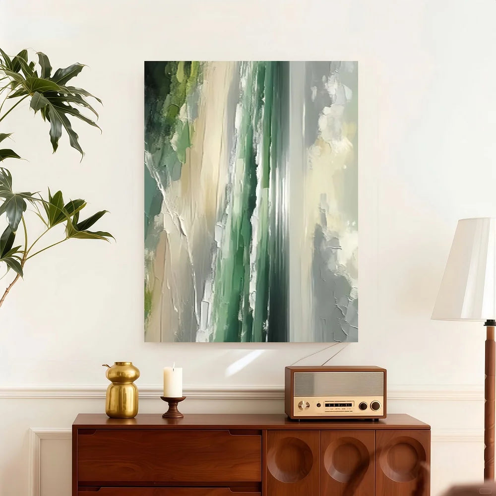 Framed Large Green Abstract Coastal Landscape Hand-Painted Oil On Canvas - Modern Minimalist Green & Blue Seascape Wall Art With