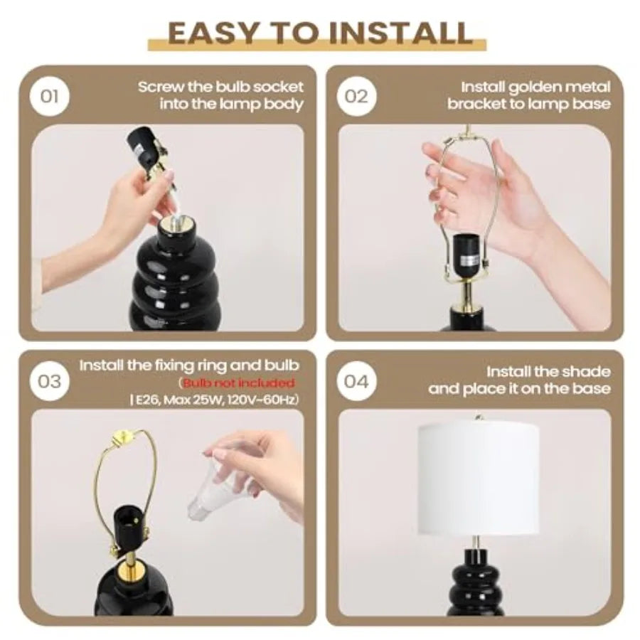 17.5" Black Ceramic Gourd Table Lamps Set of 2 Touch Control Farmhouse Lamps for Nightstand Living Room Small Rustic Bedside La