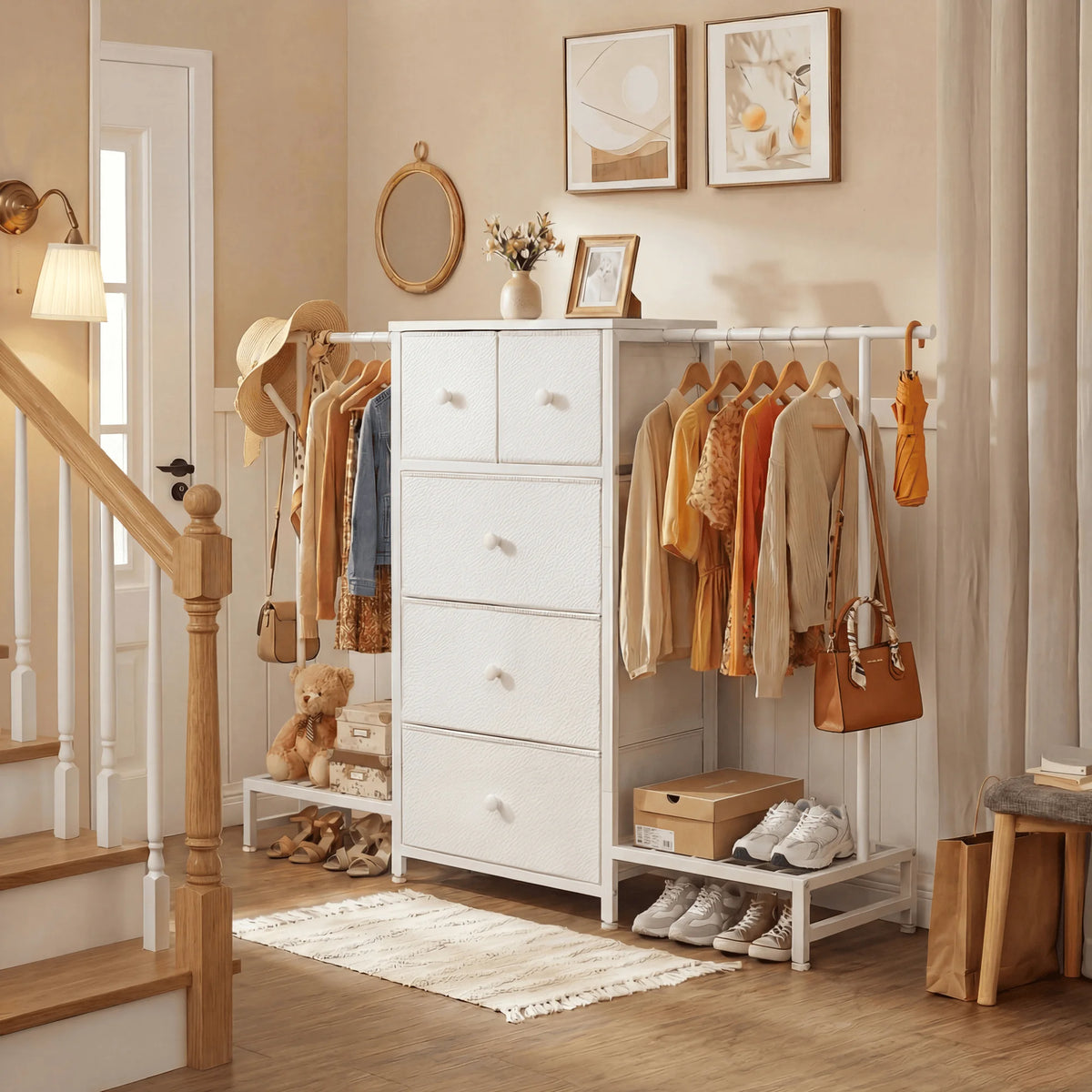 3-in-1 Dresser & Hanging Rack – 57.8" Wide with 5 Drawers & Shoe Rack, Side Hooks for Bedroom Storage and Walk-in closet