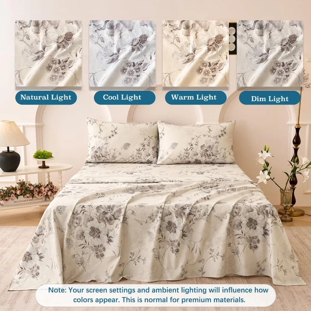 Beige Queen Sheet Set 100% Cotton Flannel-Like Warm Luxury Peony Toile Floral Bed Sheets 4Pc Deep Pocket 17.5", Double Brushed Extra Soft Breathable, Fall/Winter French Country Bedding