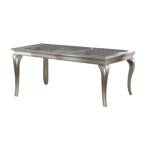 Dining Table Rectangle Glass inert Top Silver Hue 7pc Dining Table 6x Side Chairs Tufted Back Dining Room Furniture