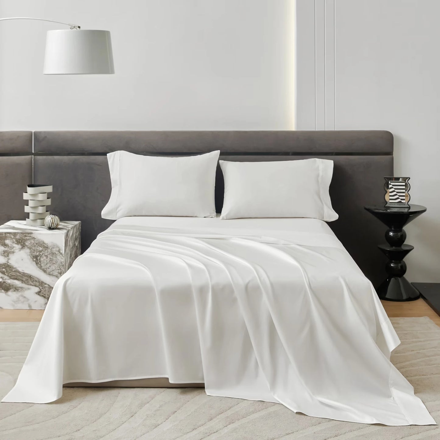 4-Piece Luxurious Sateen cotton Fitted Sheet Set ( 1*Deep Pocket Flat Sheet + 1* Fitted Sheet + 2*Pillowcases, Without Core) - Silky Soft& Smooth, Machine Washable,Breathable, Comfortable, For Bedroom, Guest Room (Q/K)
