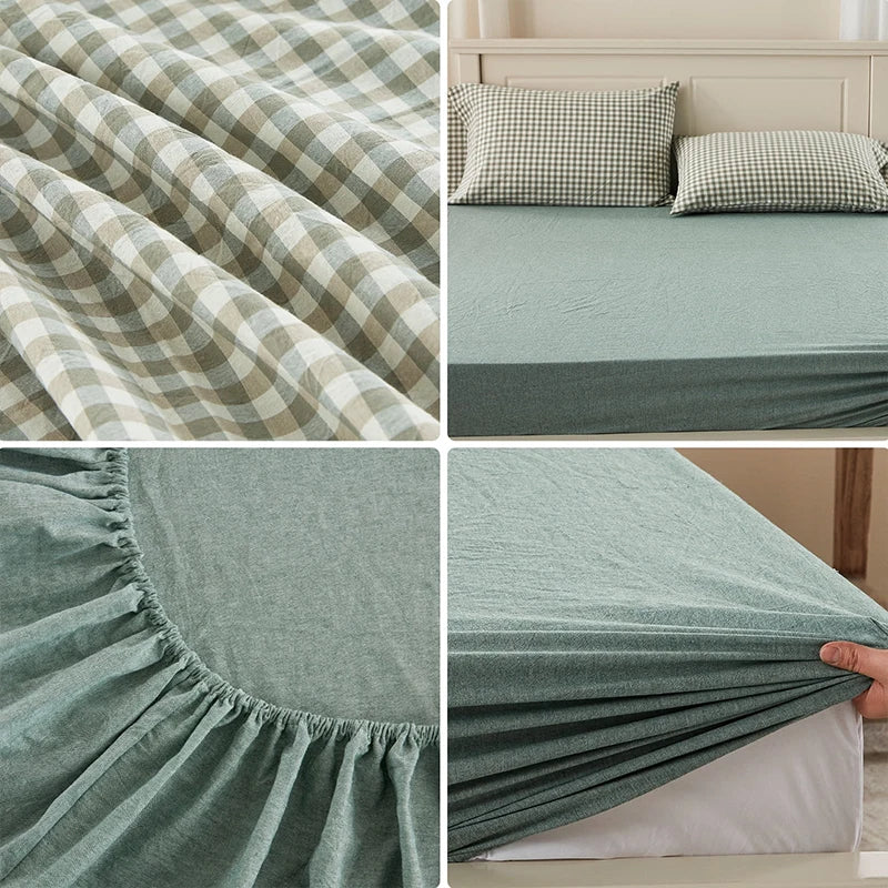 Sheet Set 100% Washed Cotton Gingham Bed Sheets Linen Like Textured Breathable Durable Soft Comfy - 15" Deep Pocket Stylish Home Decoration, Bed Sheets Set Pocket Cute Aesthetic Fitted Flat Sheet Pillowcases Twin TwinXL Full
