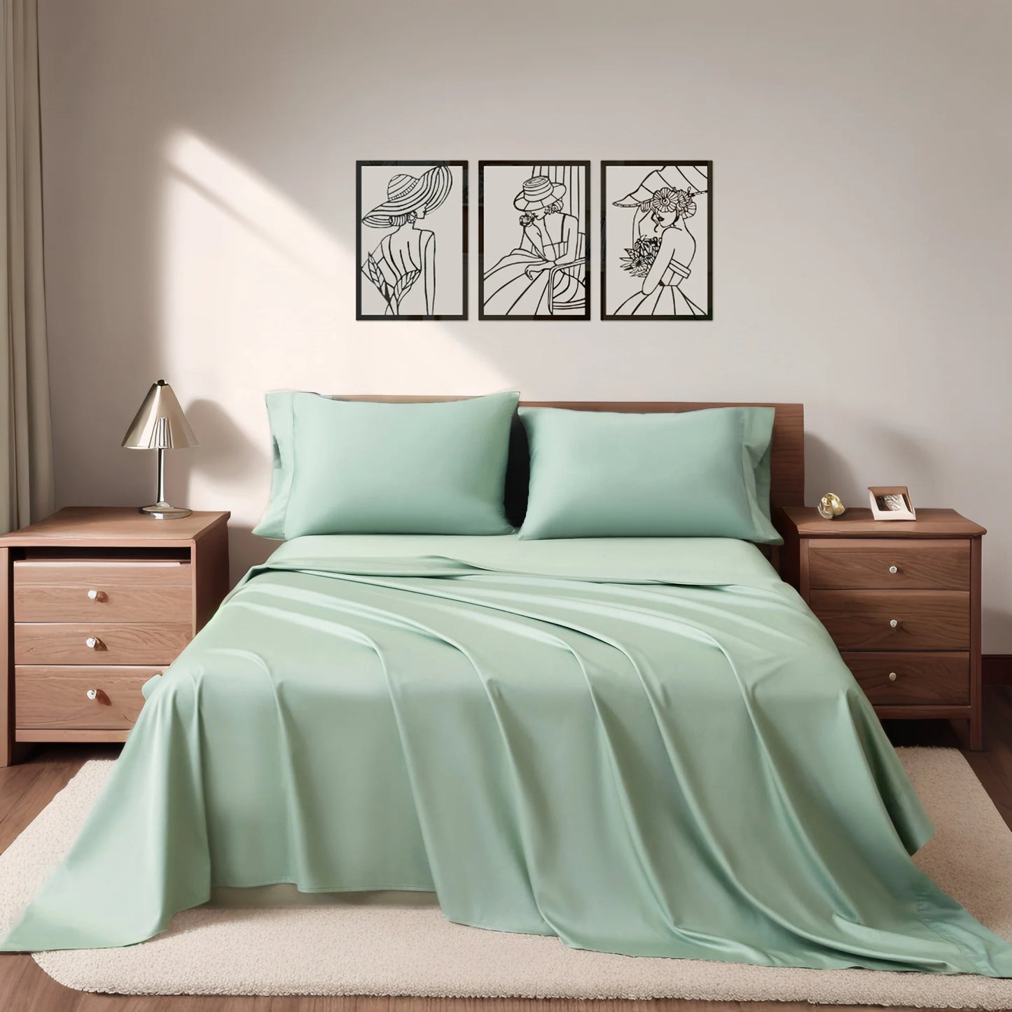 4-Piece Luxurious Sateen cotton Fitted Sheet Set ( 1*Deep Pocket Flat Sheet + 1* Fitted Sheet + 2*Pillowcases, Without Core) - Silky Soft& Smooth, Machine Washable,Breathable, Comfortable, For Bedroom, Guest Room (Q/K)