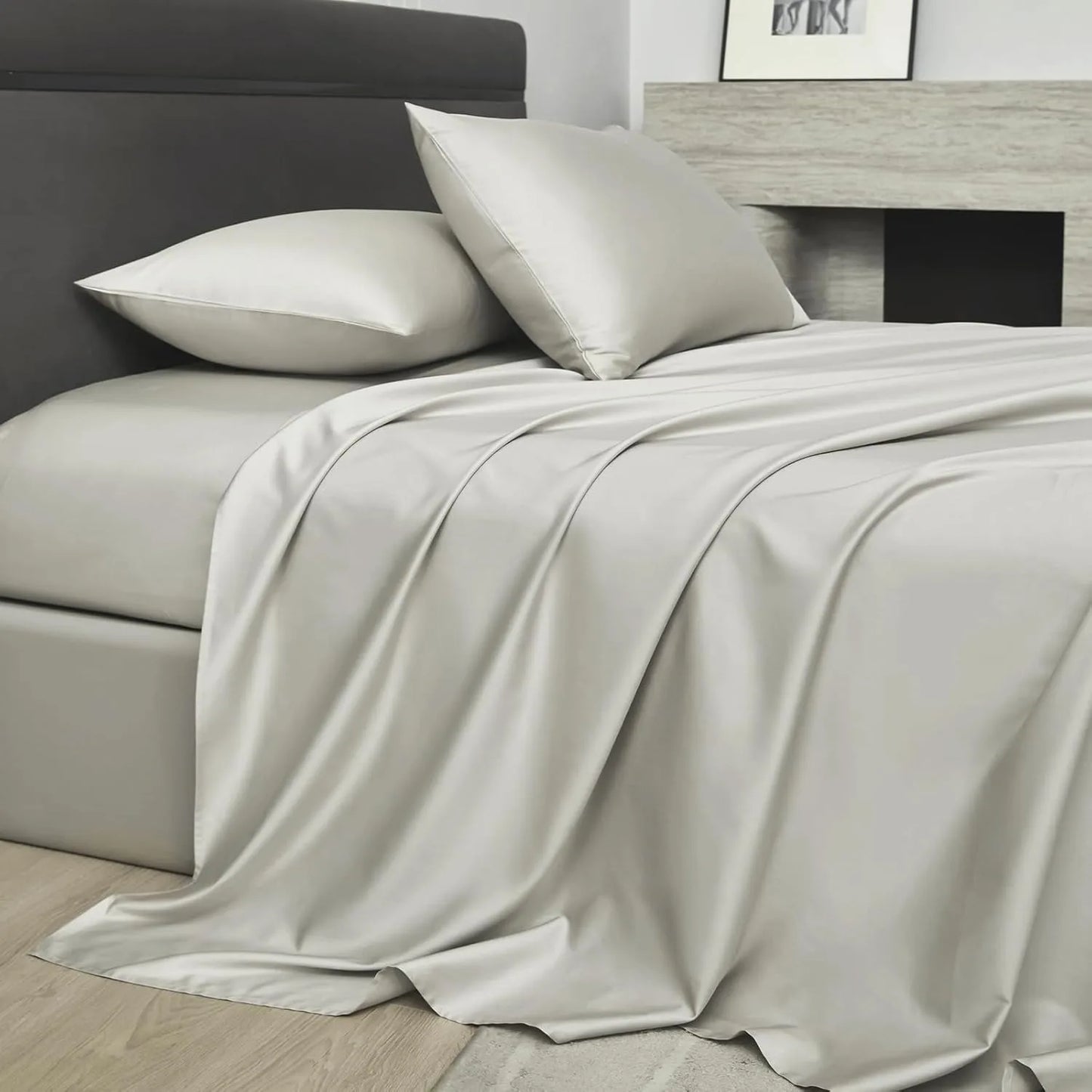 4-Piece Luxurious Sateen cotton Fitted Sheet Set ( 1*Deep Pocket Flat Sheet + 1* Fitted Sheet + 2*Pillowcases, Without Core) - Silky Soft& Smooth, Machine Washable,Breathable, Comfortable, For Bedroom, Guest Room (Q/K)