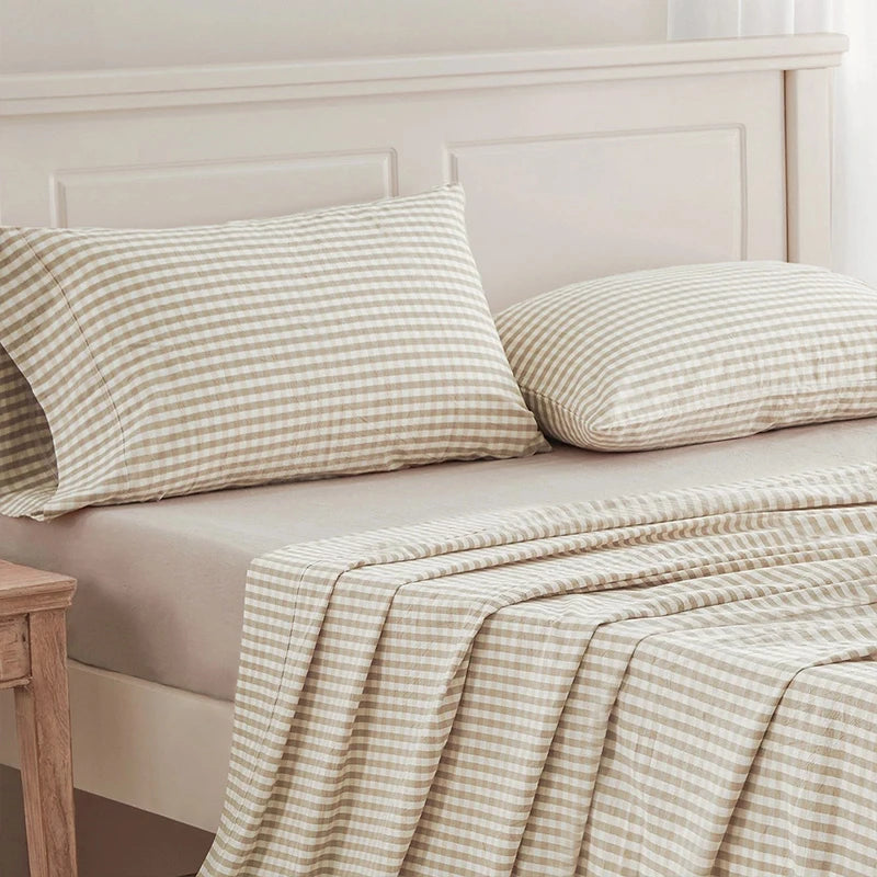 Sheet Set 100% Washed Cotton Gingham Bed Sheets Linen Like Textured Breathable Durable Soft Comfy - 15" Deep Pocket Stylish Home Decoration, Bed Sheets Set Pocket Cute Aesthetic Fitted Flat Sheet Pillowcases Twin TwinXL Full
