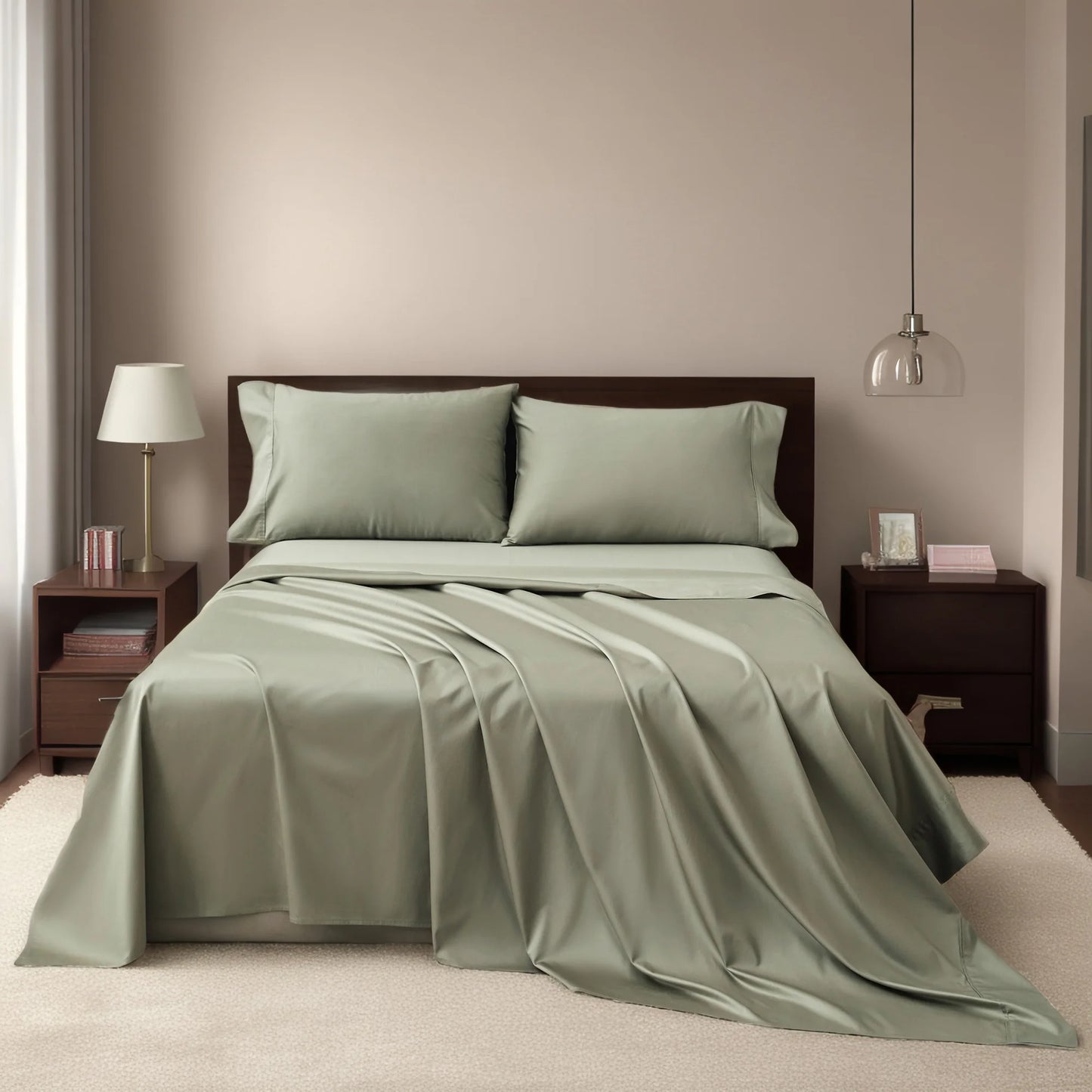 4-Piece Luxurious Sateen cotton Fitted Sheet Set ( 1*Deep Pocket Flat Sheet + 1* Fitted Sheet + 2*Pillowcases, Without Core) - Silky Soft& Smooth, Machine Washable,Breathable, Comfortable, For Bedroom, Guest Room (Q/K)