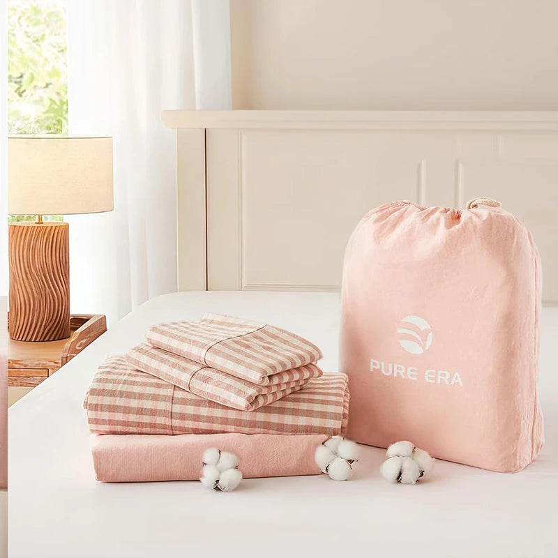 Sheet Set 100% Washed Cotton Gingham Bed Sheets Linen Like Textured Breathable Durable Soft Comfy - 15" Deep Pocket Stylish Home Decoration, Bed Sheets Set Pocket Cute Aesthetic Fitted Flat Sheet Pillowcases Twin TwinXL Full