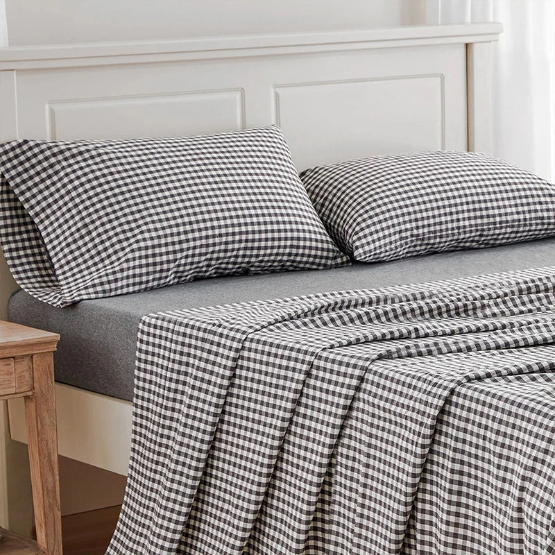 Sheet Set 100% Washed Cotton Gingham Bed Sheets Linen Like Textured Breathable Durable Soft Comfy - 15" Deep Pocket Stylish Home Decoration, Bed Sheets Set Pocket Cute Aesthetic Fitted Flat Sheet Pillowcases Twin TwinXL Full