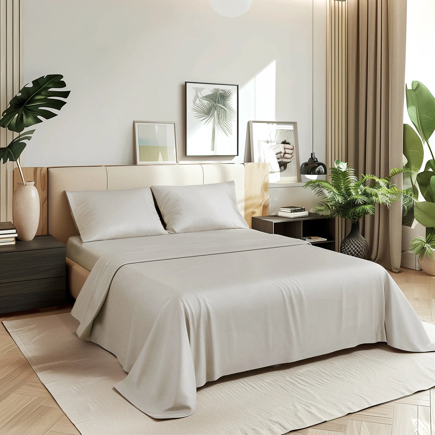 4-Piece Luxurious Sateen cotton Fitted Sheet Set ( 1*Deep Pocket Flat Sheet + 1* Fitted Sheet + 2*Pillowcases, Without Core) - Silky Soft& Smooth, Machine Washable,Breathable, Comfortable, For Bedroom, Guest Room (Q/K)