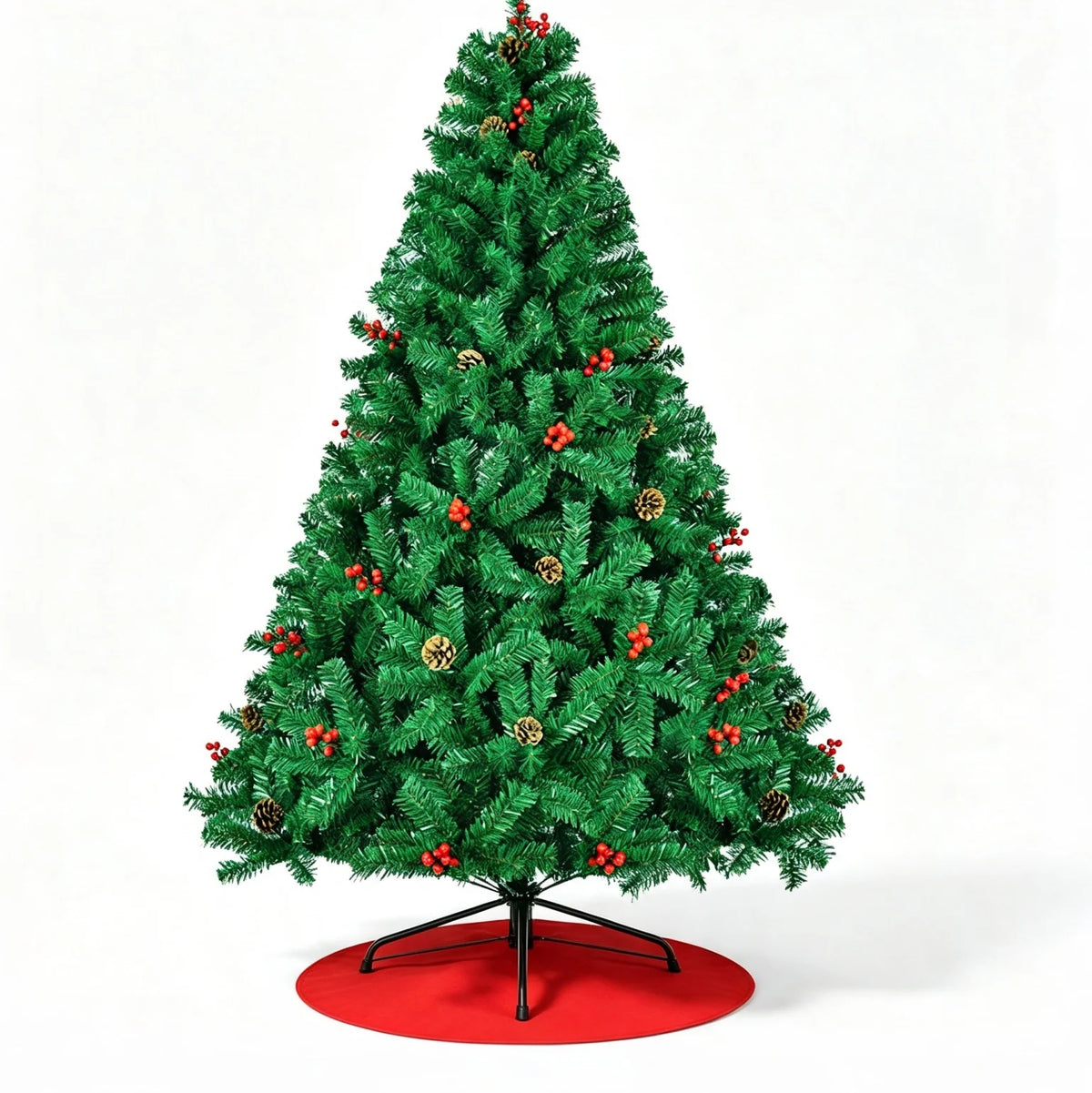 7ft Artificial Christmas Tree with Pine Cones & Red Berries, Hinged Fireproof PVC Xmas Tree with Metal Stand for Home Holiday Party Decor