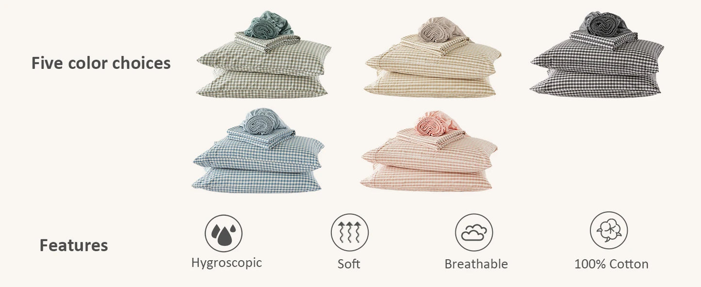 Sheet Set 100% Washed Cotton Gingham Bed Sheets Linen Like Textured Breathable Durable Soft Comfy - 15" Deep Pocket Stylish Home Decoration, Bed Sheets Set Pocket Cute Aesthetic Fitted Flat Sheet Pillowcases Twin TwinXL Full