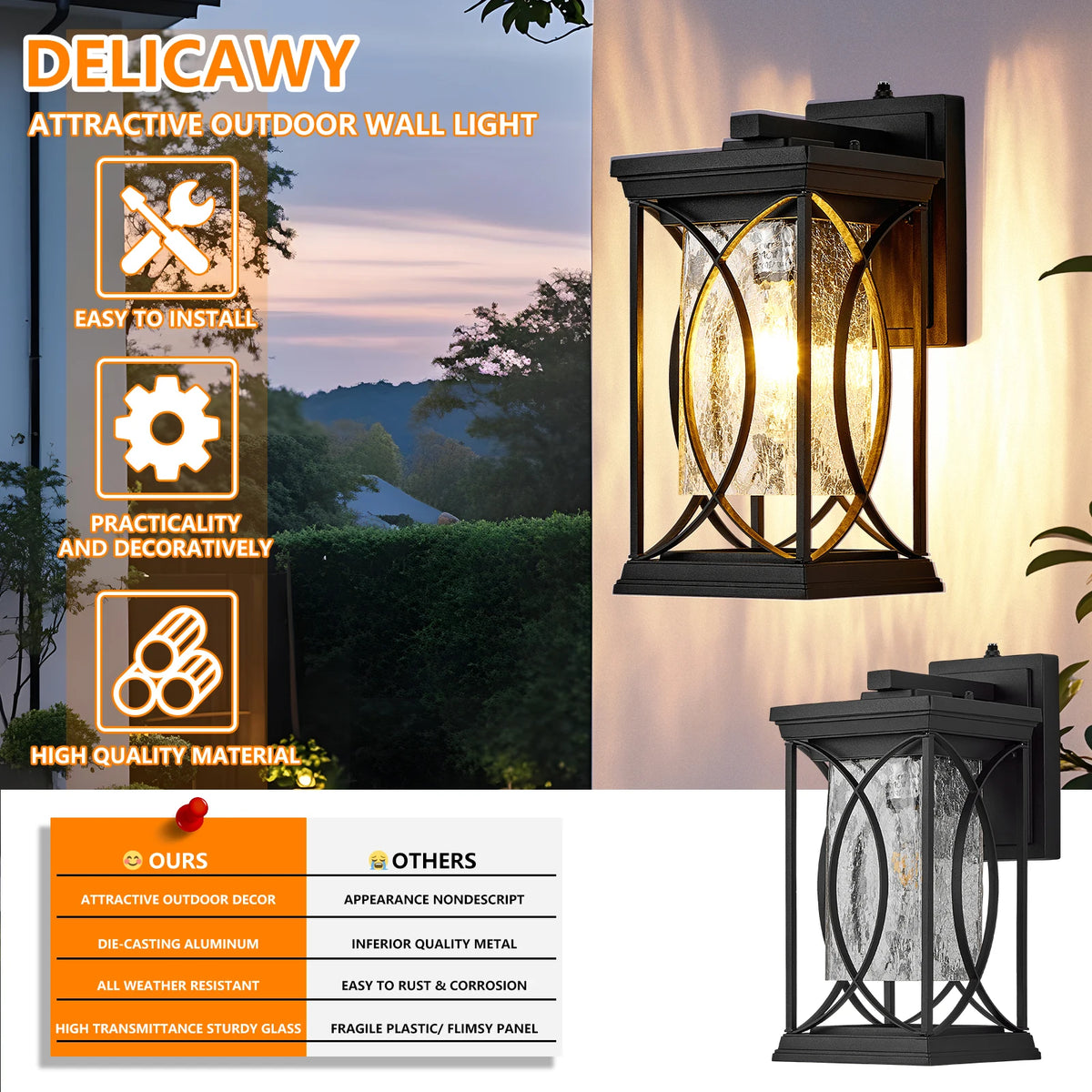 14" Modern Outdoor LED Wall Light Dusk to Dawn Exterior Porch Sconce Fixture