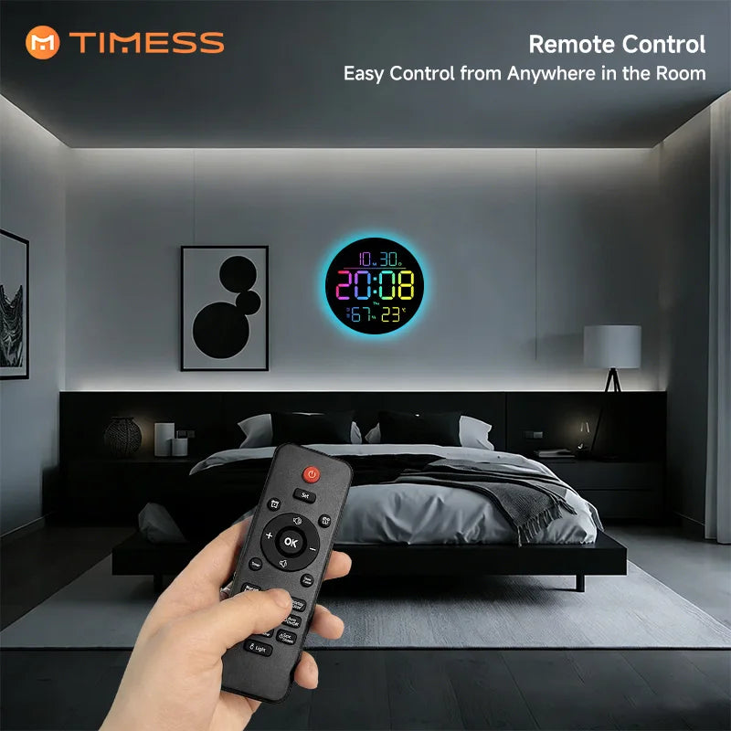10 Inch RGB LED Digital Wall Clock Remote Control Large Display Date Temperature Humidity Auto Dimming Modern Living Room Decor
