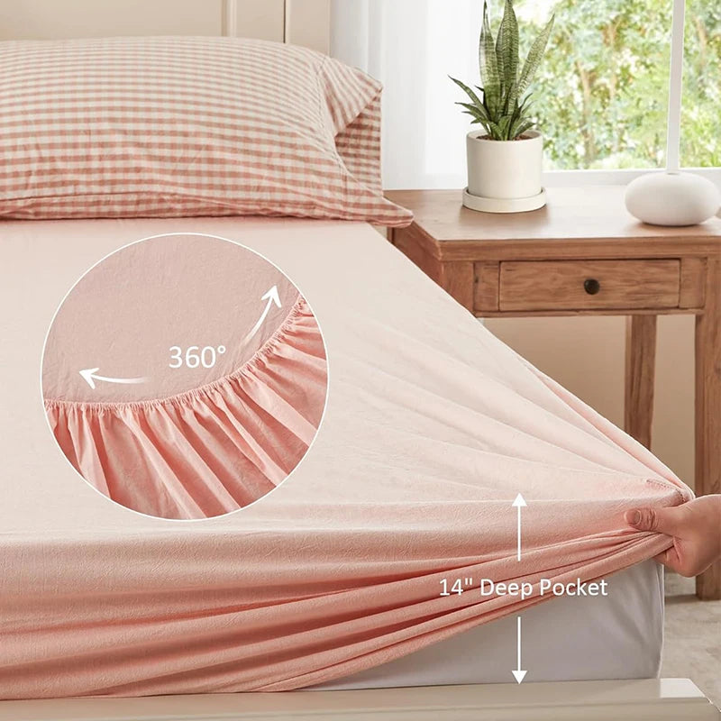 Sheet Set 100% Washed Cotton Gingham Bed Sheets Linen Like Textured Breathable Durable Soft Comfy - 15" Deep Pocket Stylish Home Decoration, Bed Sheets Set Pocket Cute Aesthetic Fitted Flat Sheet Pillowcases Twin TwinXL Full