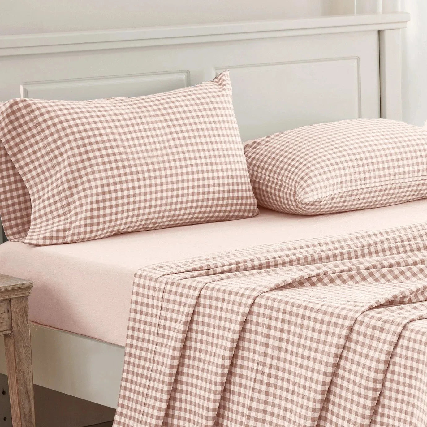 Sheet Set 100% Washed Cotton Gingham Bed Sheets Linen Like Textured Breathable Durable Soft Comfy - 15" Deep Pocket Stylish Home Decoration, Bed Sheets Set Pocket Cute Aesthetic Fitted Flat Sheet Pillowcases Twin TwinXL Full
