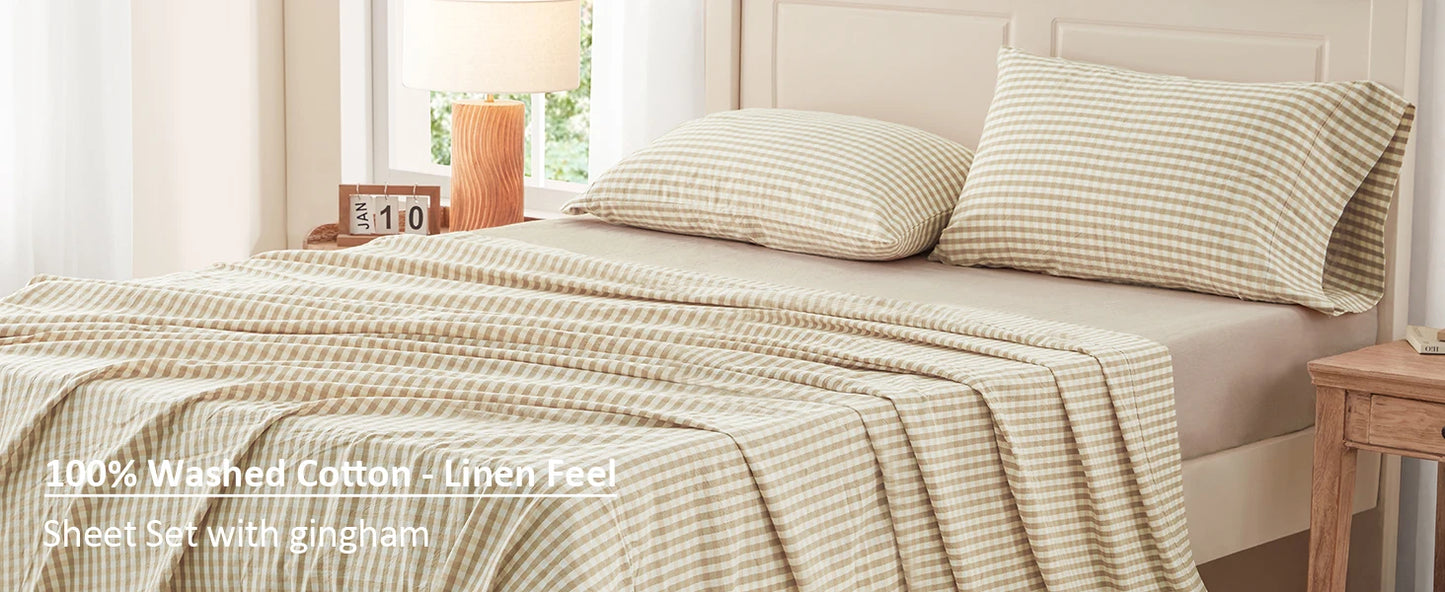 Sheet Set 100% Washed Cotton Gingham Bed Sheets Linen Like Textured Breathable Durable Soft Comfy - 15" Deep Pocket Stylish Home Decoration, Bed Sheets Set Pocket Cute Aesthetic Fitted Flat Sheet Pillowcases Twin TwinXL Full