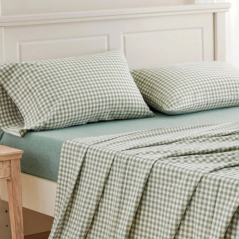 Sheet Set 100% Washed Cotton Gingham Bed Sheets Linen Like Textured Breathable Durable Soft Comfy - 15" Deep Pocket Stylish Home Decoration, Bed Sheets Set Pocket Cute Aesthetic Fitted Flat Sheet Pillowcases Twin TwinXL Full
