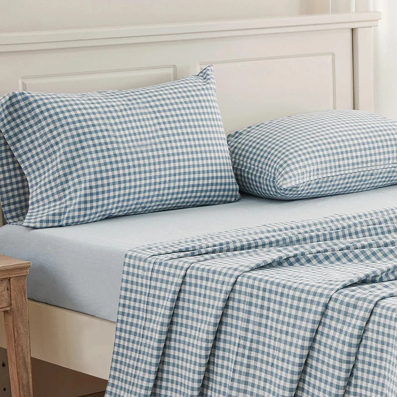 Sheet Set 100% Washed Cotton Gingham Bed Sheets Linen Like Textured Breathable Durable Soft Comfy - 15" Deep Pocket Stylish Home Decoration, Bed Sheets Set Pocket Cute Aesthetic Fitted Flat Sheet Pillowcases Twin TwinXL Full