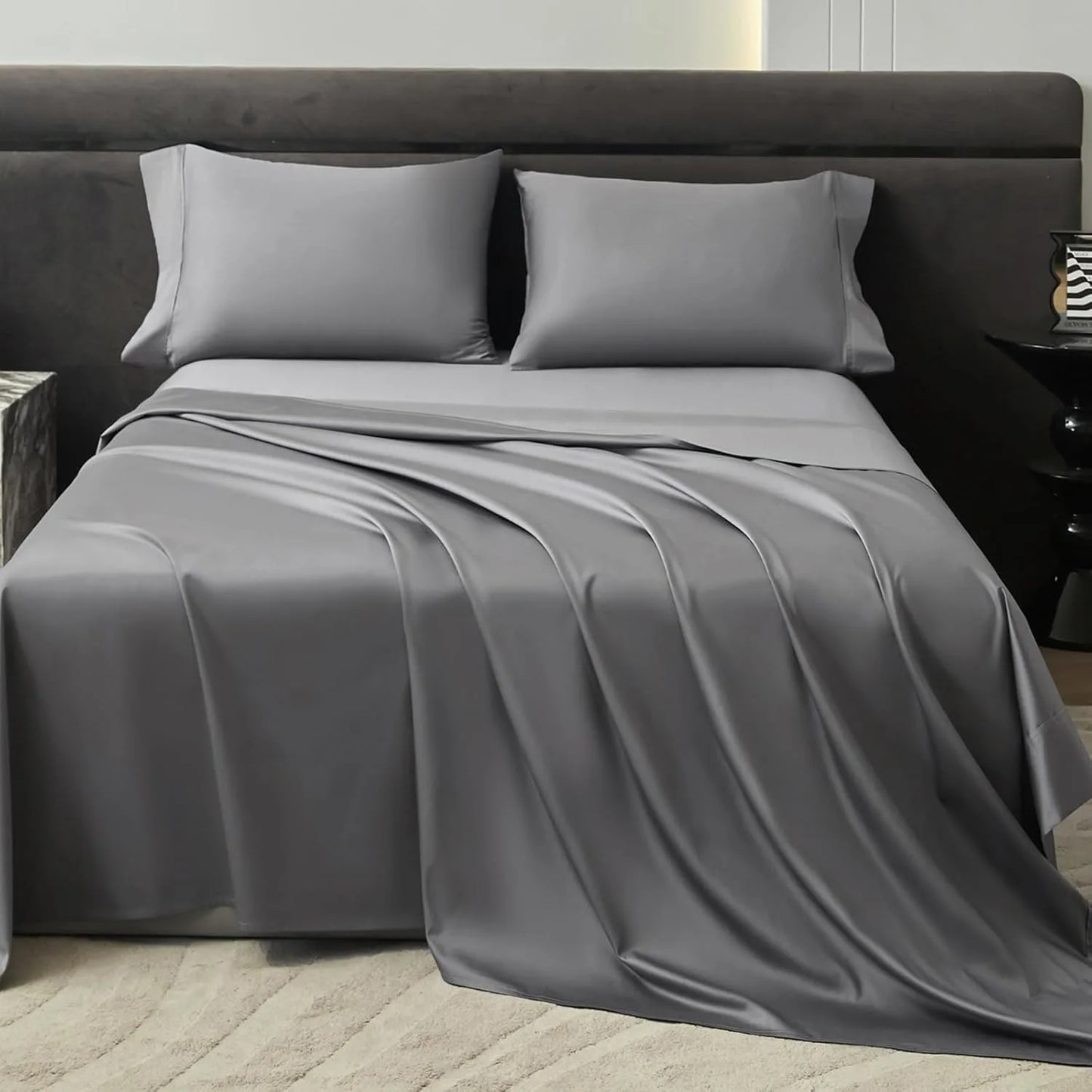 4-Piece Luxurious Sateen cotton Fitted Sheet Set ( 1*Deep Pocket Flat Sheet + 1* Fitted Sheet + 2*Pillowcases, Without Core) - Silky Soft& Smooth, Machine Washable,Breathable, Comfortable, For Bedroom, Guest Room (Q/K)