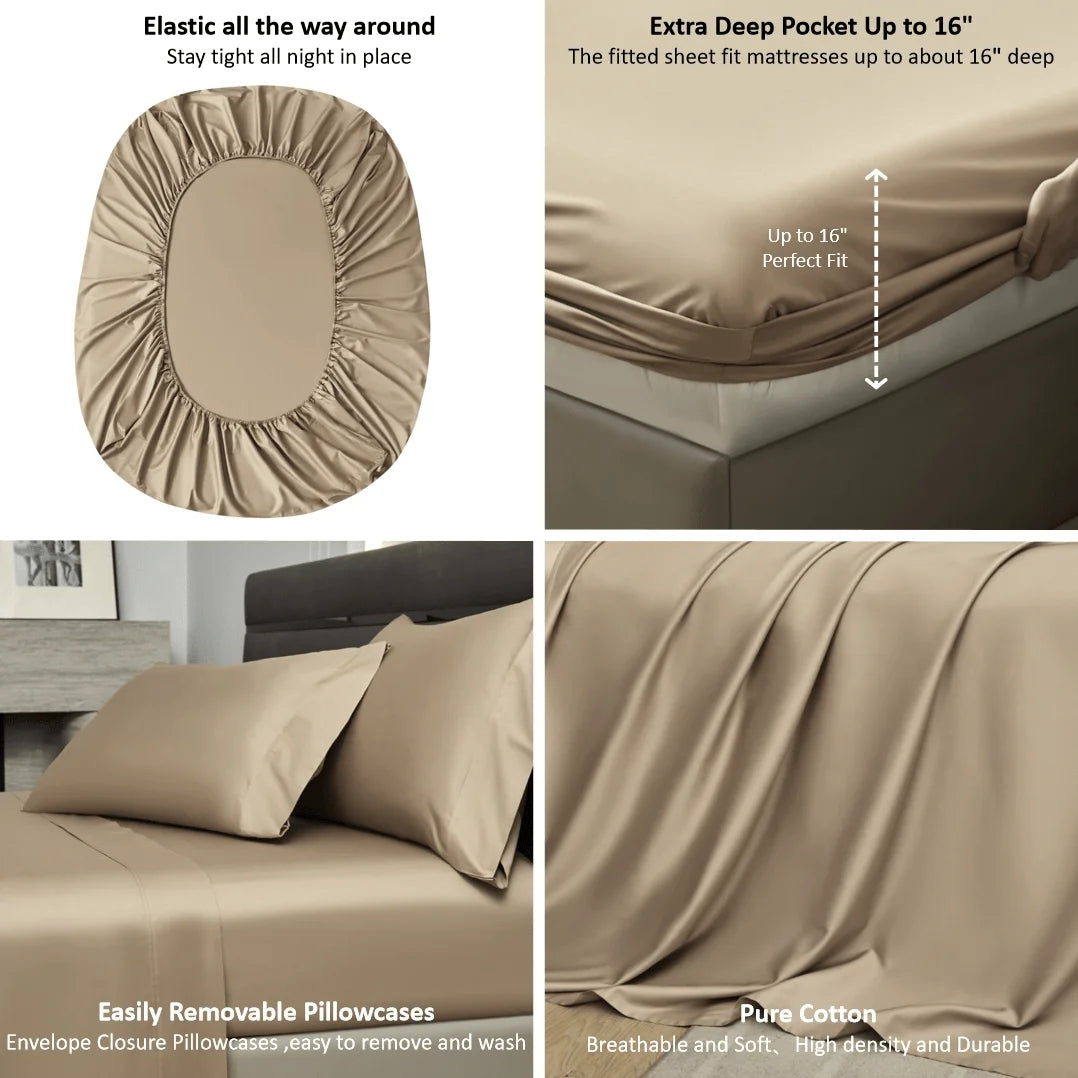4-Piece Luxurious Sateen cotton Fitted Sheet Set ( 1*Deep Pocket Flat Sheet + 1* Fitted Sheet + 2*Pillowcases, Without Core) - Silky Soft& Smooth, Machine Washable,Breathable, Comfortable, For Bedroom, Guest Room (Q/K)