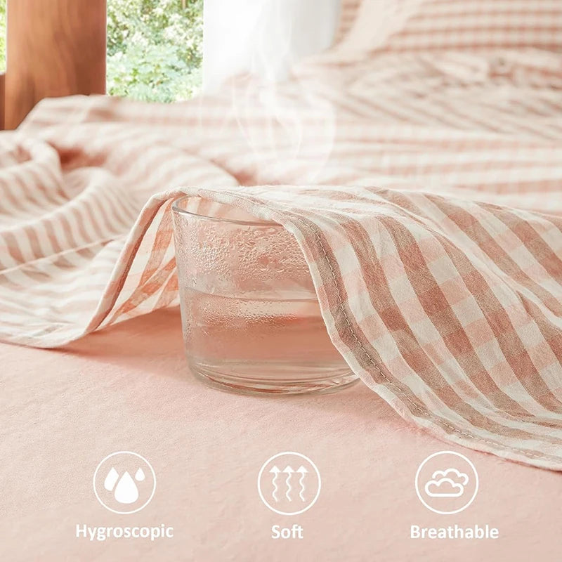 Sheet Set 100% Washed Cotton Gingham Bed Sheets Linen Like Textured Breathable Durable Soft Comfy - 15" Deep Pocket Stylish Home Decoration, Bed Sheets Set Pocket Cute Aesthetic Fitted Flat Sheet Pillowcases Twin TwinXL Full