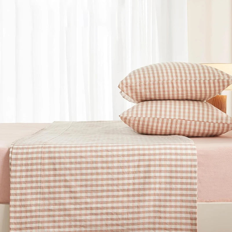 Sheet Set 100% Washed Cotton Gingham Bed Sheets Linen Like Textured Breathable Durable Soft Comfy - 15" Deep Pocket Stylish Home Decoration, Bed Sheets Set Pocket Cute Aesthetic Fitted Flat Sheet Pillowcases Twin TwinXL Full