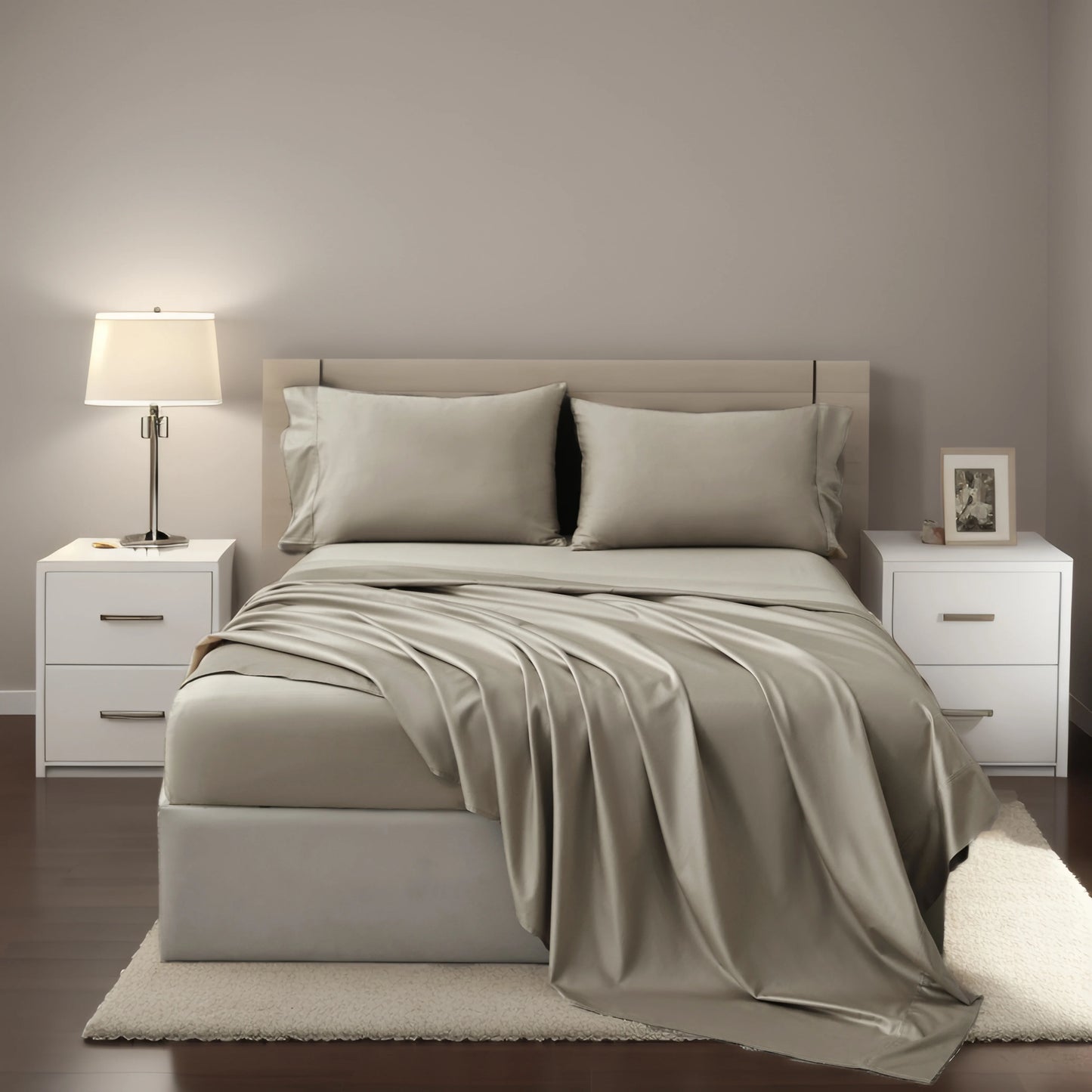4-Piece Luxurious Sateen cotton Fitted Sheet Set ( 1*Deep Pocket Flat Sheet + 1* Fitted Sheet + 2*Pillowcases, Without Core) - Silky Soft& Smooth, Machine Washable,Breathable, Comfortable, For Bedroom, Guest Room (Q/K)