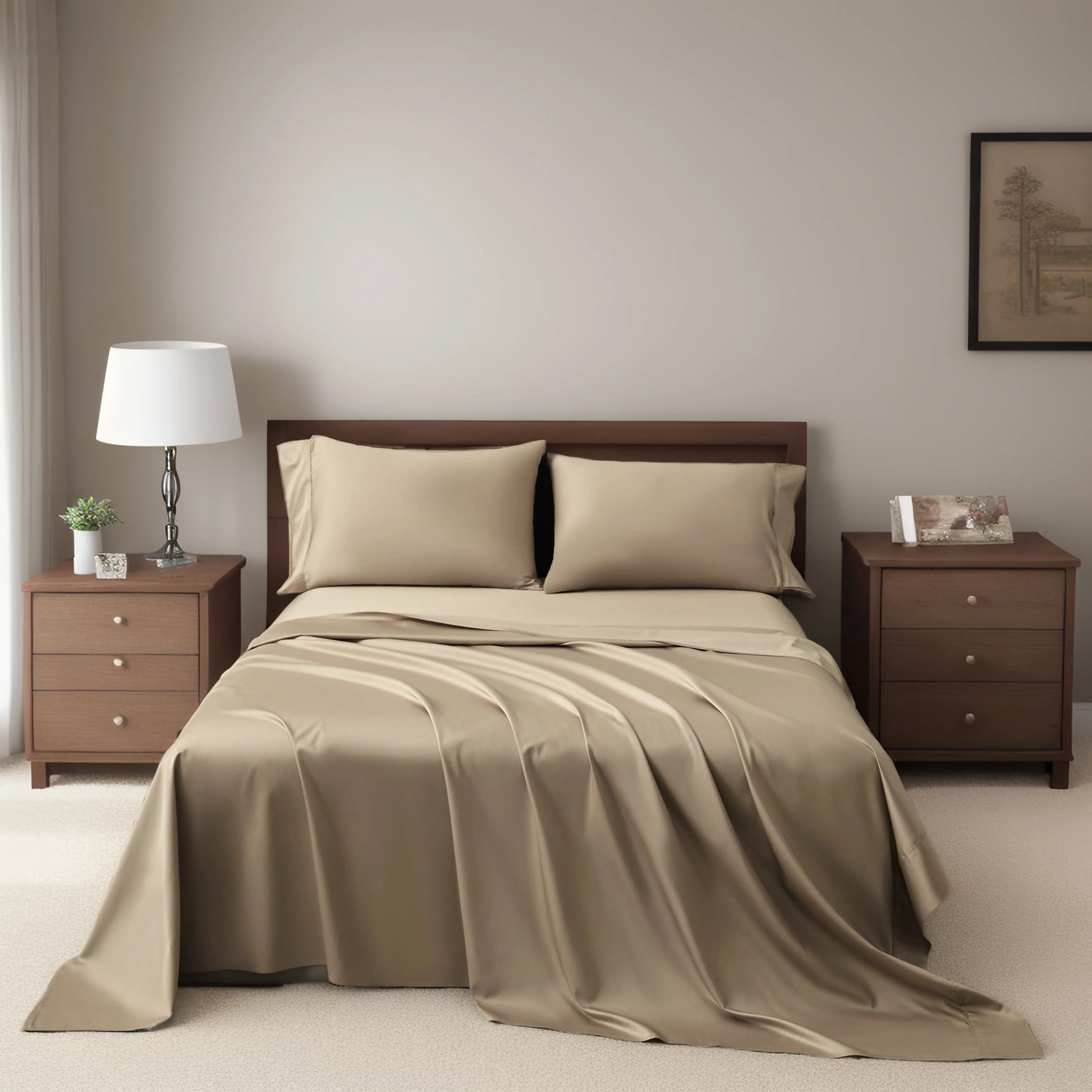 4-Piece Luxurious Sateen cotton Fitted Sheet Set ( 1*Deep Pocket Flat Sheet + 1* Fitted Sheet + 2*Pillowcases, Without Core) - Silky Soft& Smooth, Machine Washable,Breathable, Comfortable, For Bedroom, Guest Room (Q/K)