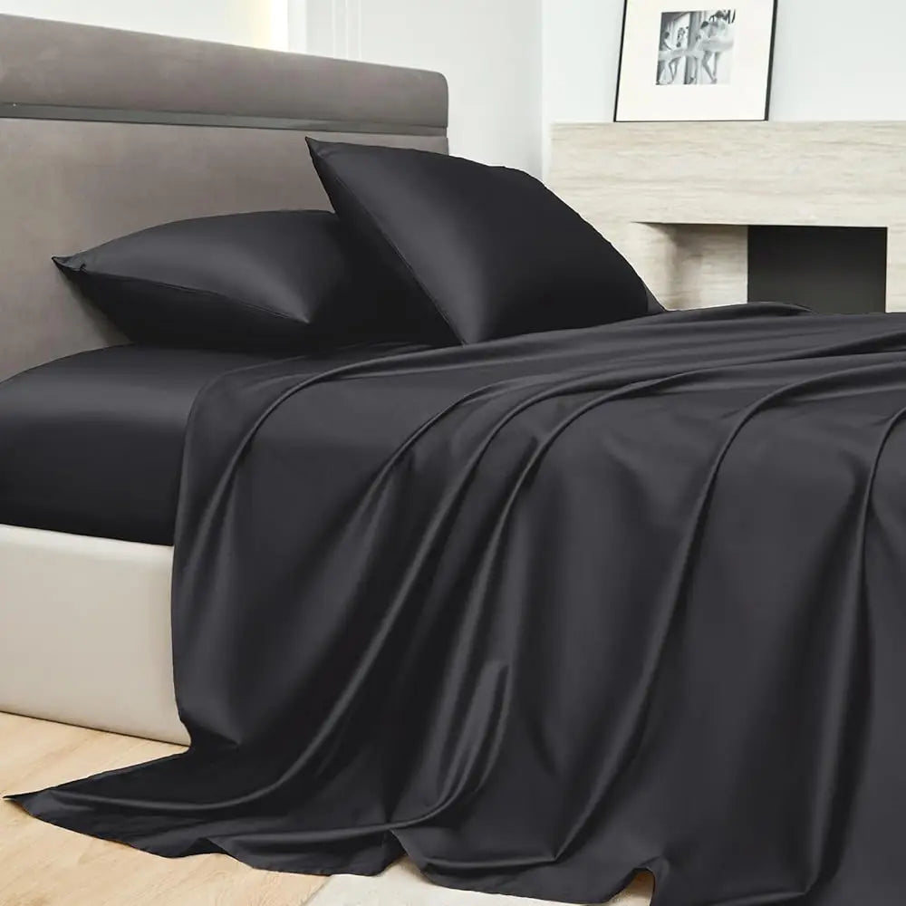4-Piece Luxurious Sateen cotton Fitted Sheet Set ( 1*Deep Pocket Flat Sheet + 1* Fitted Sheet + 2*Pillowcases, Without Core) - Silky Soft& Smooth, Machine Washable,Breathable, Comfortable, For Bedroom, Guest Room (Q/K)