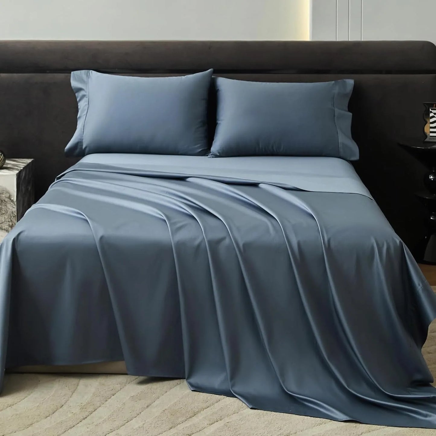 4-Piece Luxurious Sateen cotton Fitted Sheet Set ( 1*Deep Pocket Flat Sheet + 1* Fitted Sheet + 2*Pillowcases, Without Core) - Silky Soft& Smooth, Machine Washable,Breathable, Comfortable, For Bedroom, Guest Room (Q/K)